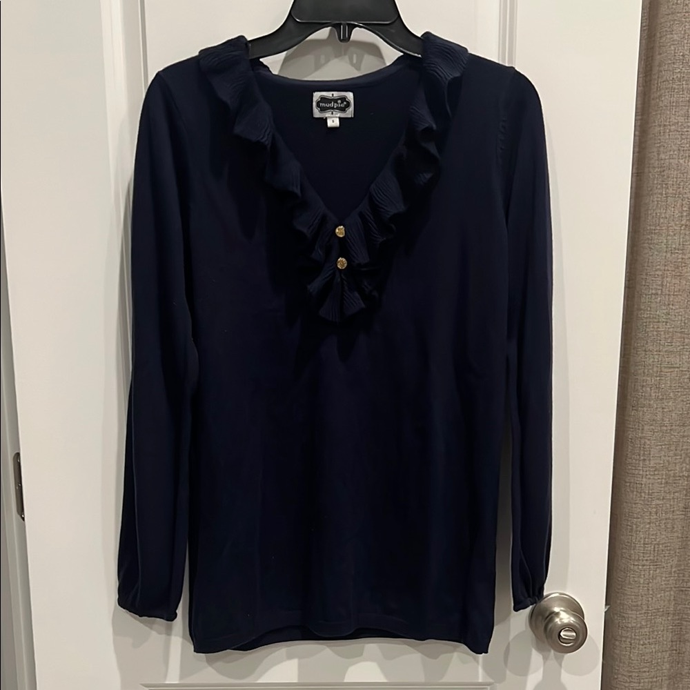 Mudpie Navy Ruffled V-Neck Top